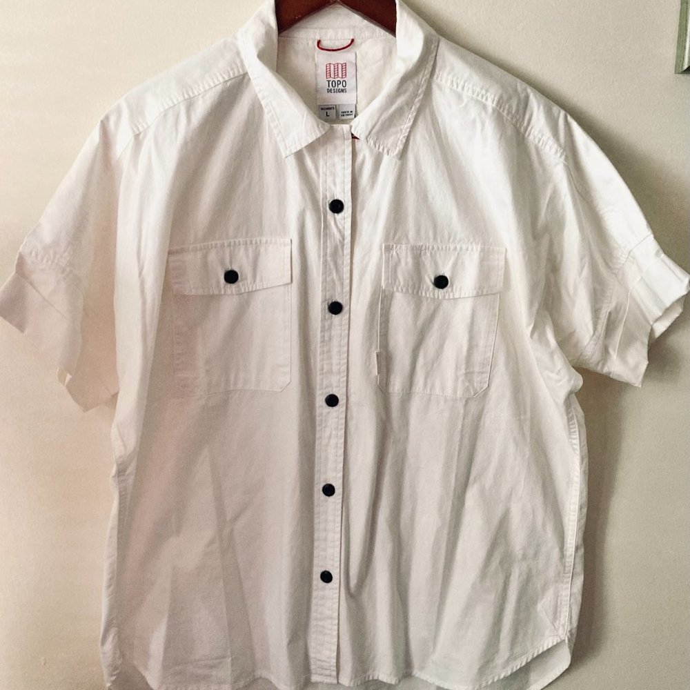 Topo Designs White Button Down Shirt, Outdoor Shortsleeve Field Top, Large